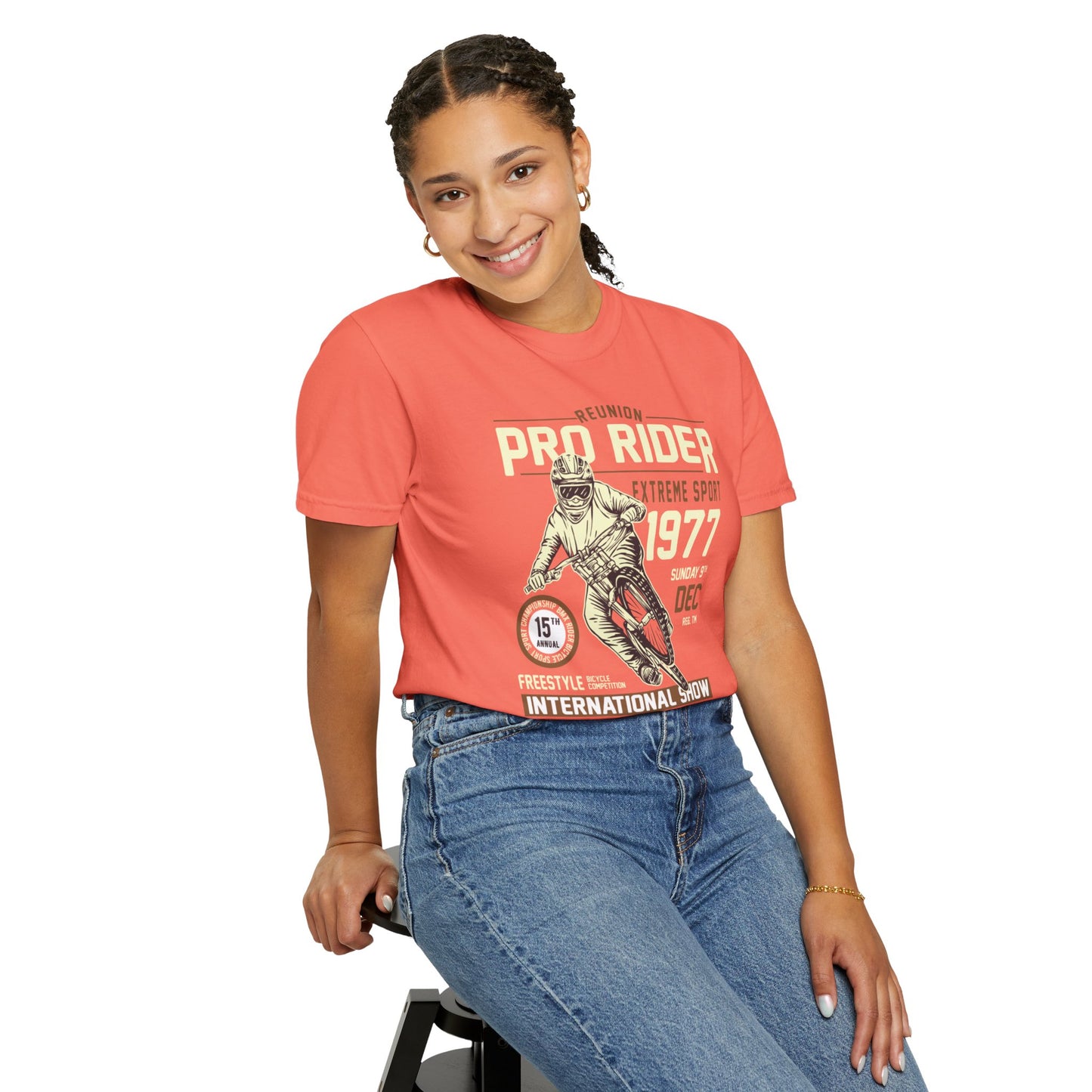 Vintage Reunion Pro Rider Extreme Sport 1977 Free Style Retro Bicycle Two Wheeled Adventure Unisex Heavy Cotton T-Shirt