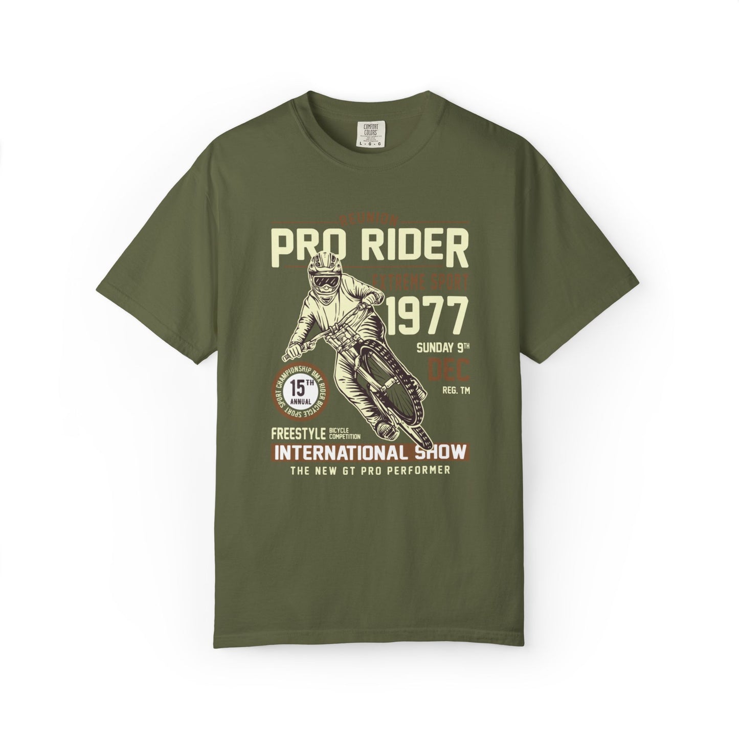 Vintage Reunion Pro Rider Extreme Sport 1977 Free Style Retro Bicycle Two Wheeled Adventure Unisex Heavy Cotton T-Shirt