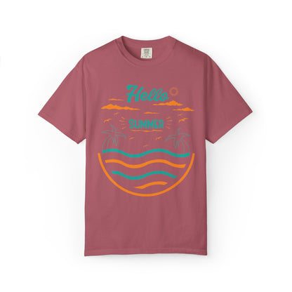 Exciting Hello Summer Sunrise & Sunburn Beach Days Ice Cream Summer Camp Unisex Heavy Cotton T-Shirt