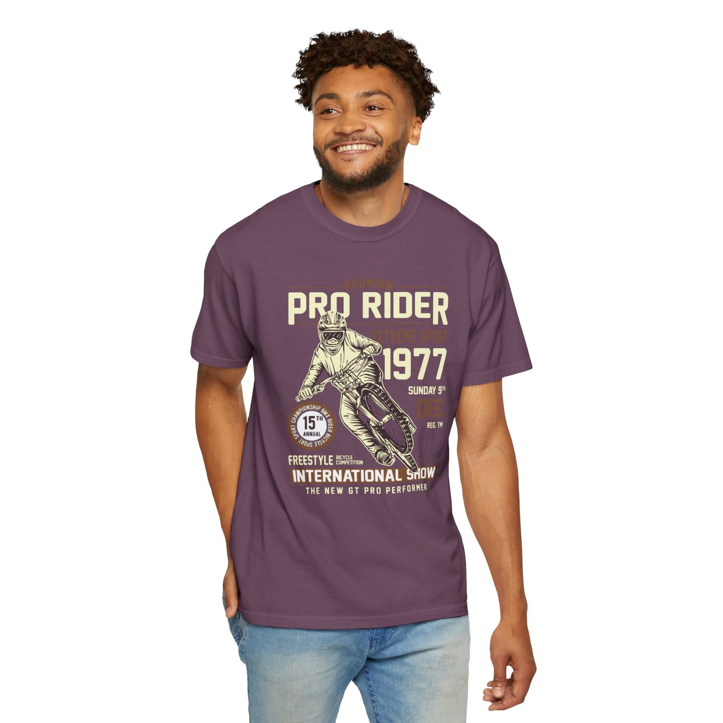 Vintage Reunion Pro Rider Extreme Sport 1977 Free Style Retro Bicycle Two Wheeled Adventure Unisex Heavy Cotton T-Shirt