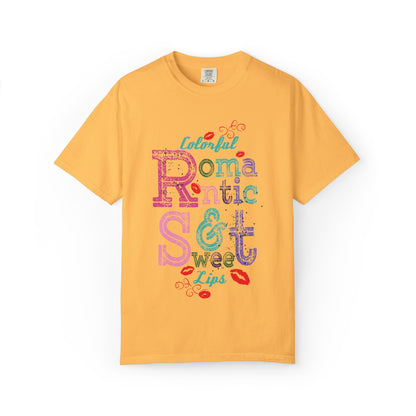 Colorful Romantic & Sweet Lips Affection Lovers Tee Romantic Relationship Forever Strawberry-Tinted Kisses Satin Softness Unisex Heavy Cotton T-Shirt