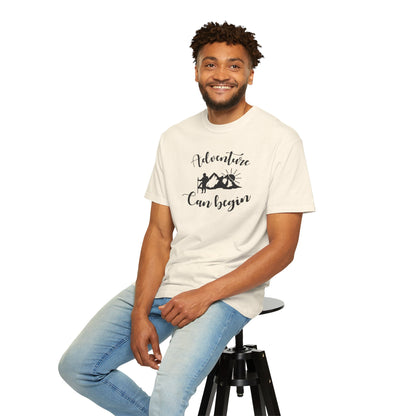 Adventure Can Begin Trendy Tee Enjoyment Mountain Hut Belays Ropes Fun Activities Exploring Unisex Heavy Cotton T-Shirt