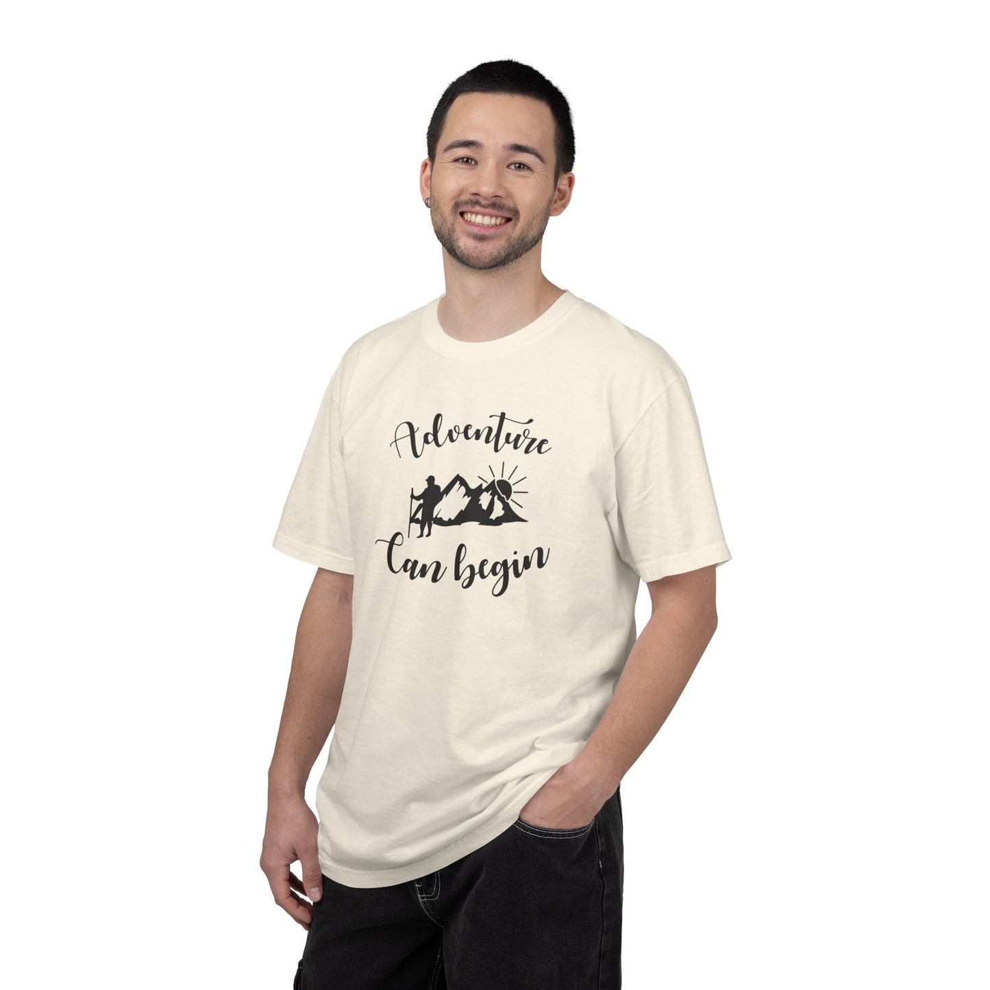 Adventure Can Begin Trendy Tee Enjoyment Mountain Hut Belays Ropes Fun Activities Exploring Unisex Heavy Cotton T-Shirt