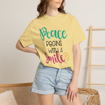 Peace Begins With A Smile Kindness Heartfelt Compliments Tee Thoughtful Gestures Love-Inspiration Unisex Heavy Cotton T-Shirt