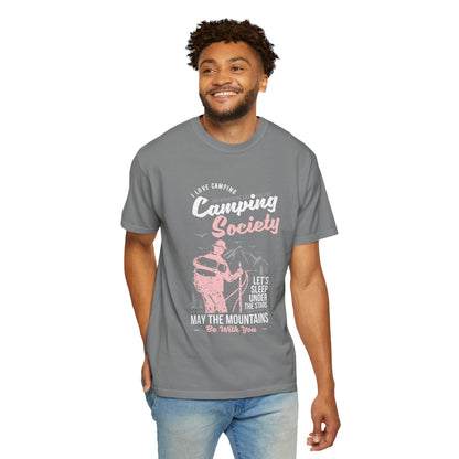 Funny Camping Society I Love Camping Enthusiastic Traveler Sarcastic Adventure Birds In The Mountains Unisex Heavy Cotton T-Shirt