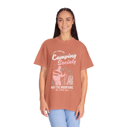 Funny Camping Society I Love Camping Enthusiastic Traveler Sarcastic Adventure Birds In The Mountains Unisex Heavy Cotton T-Shirt