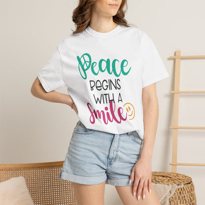 Peace Begins With A Smile Kindness Heartfelt Compliments Tee Thoughtful Gestures Love-Inspiration Unisex Heavy Cotton T-Shirt