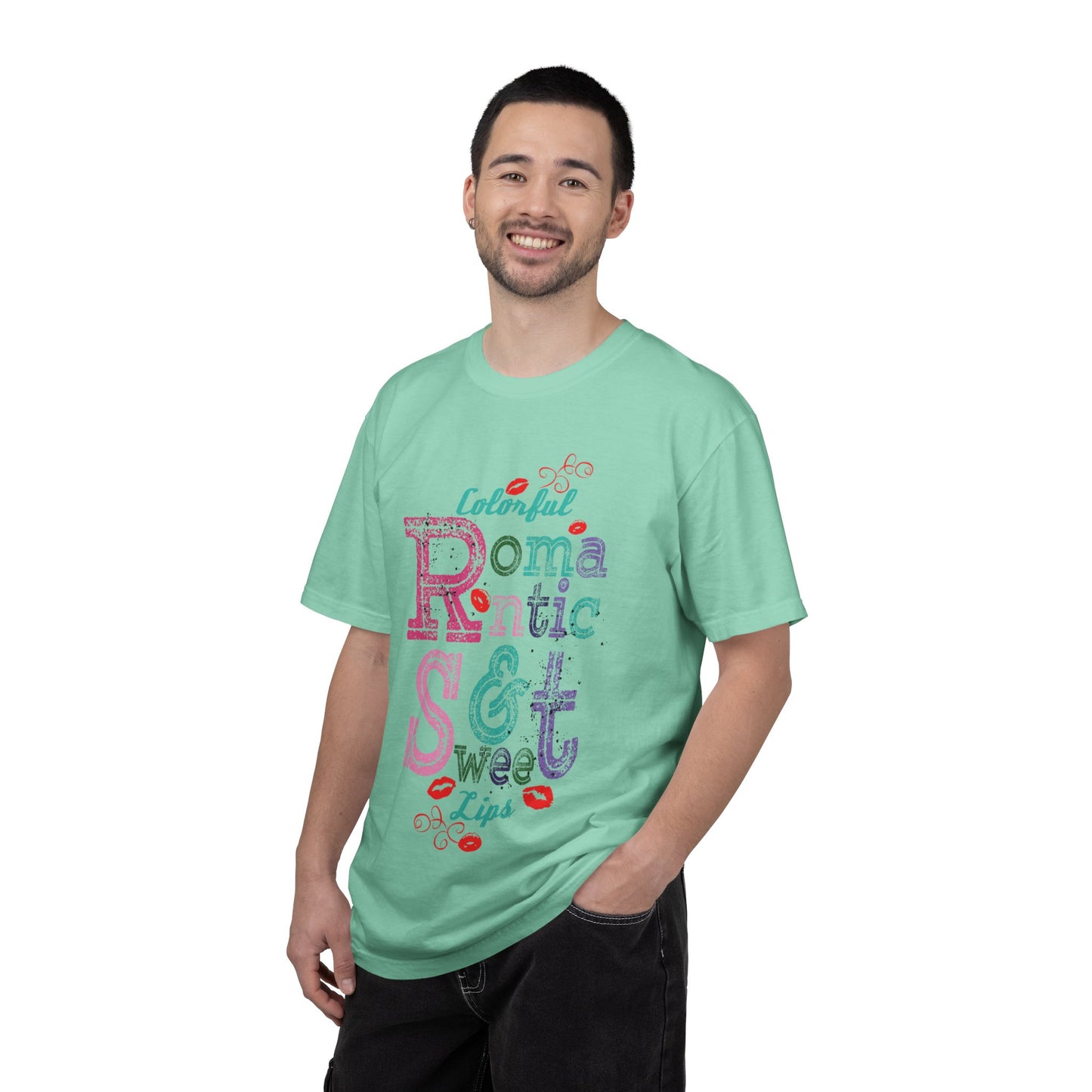 Colorful Romantic & Sweet Lips Affection Lovers Tee Romantic Relationship Forever Strawberry-Tinted Kisses Satin Softness Unisex Heavy Cotton T-Shirt