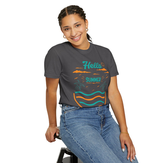 Exciting Hello Summer Sunrise & Sunburn Beach Days Ice Cream Summer Camp Unisex Heavy Cotton T-Shirt