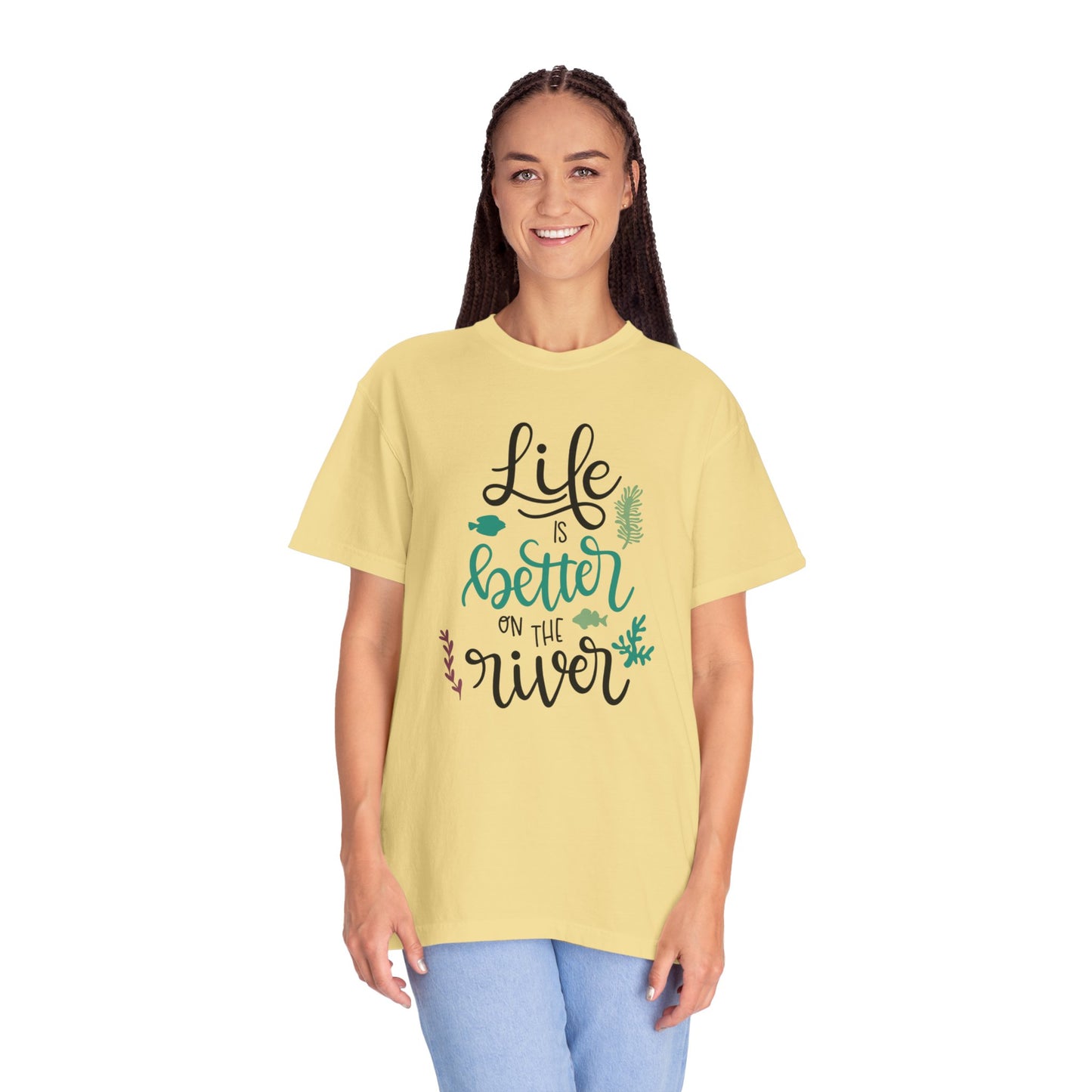 Life Is Better On The River Sand Seashells Waves Tee Elegance Glasses Amazing Fishes Unisex Heavy Cotton T-Shirt