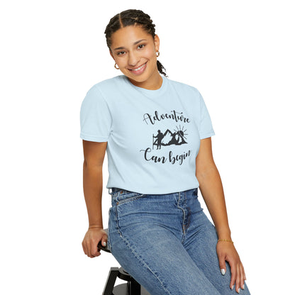 Adventure Can Begin Trendy Tee Enjoyment Mountain Hut Belays Ropes Fun Activities Exploring Unisex Heavy Cotton T-Shirt