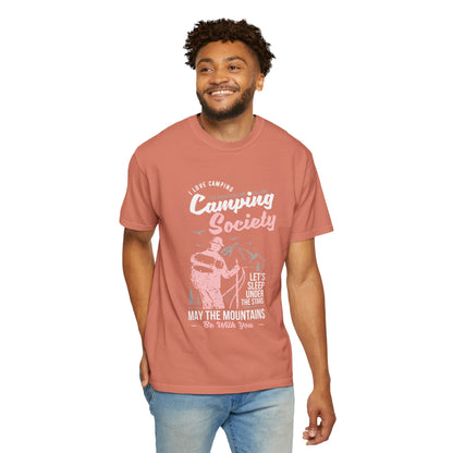 Funny Camping Society I Love Camping Enthusiastic Traveler Sarcastic Adventure Birds In The Mountains Unisex Heavy Cotton T-Shirt
