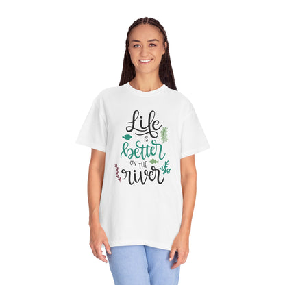 Life Is Better On The River Sand Seashells Waves Tee Elegance Glasses Amazing Fishes Unisex Heavy Cotton T-Shirt