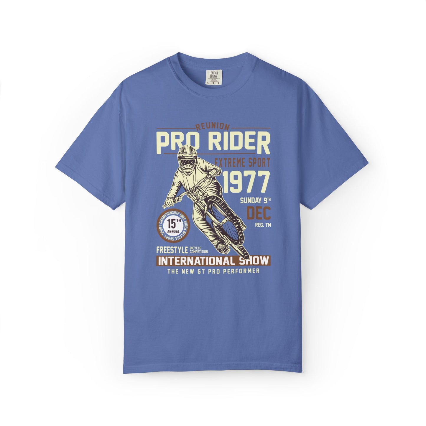 Vintage Reunion Pro Rider Extreme Sport 1977 Free Style Retro Bicycle Two Wheeled Adventure Unisex Heavy Cotton T-Shirt