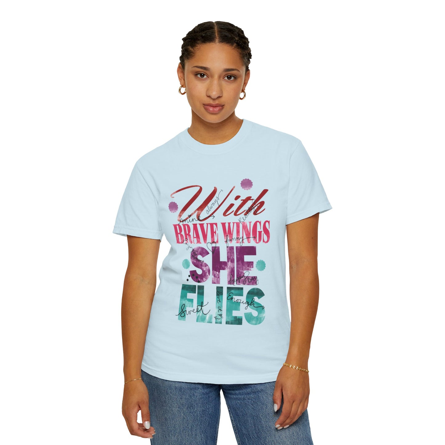 With Brave Wings She Flies Encouragement Self-belief Tee Moral Support Hopefulness Positivity High Achievements Unisex Heavy Cotton T-Shirt