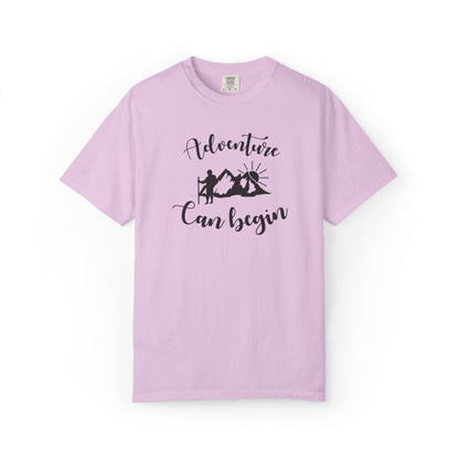 Adventure Can Begin Trendy Tee Enjoyment Mountain Hut Belays Ropes Fun Activities Exploring Unisex Heavy Cotton T-Shirt