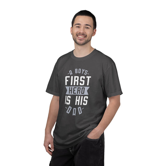Cute A Boys First Hero Is His Dad Role Model Loving Father Fatherhood Heroic Dad Unisex Heavy Cotton T-Shirt