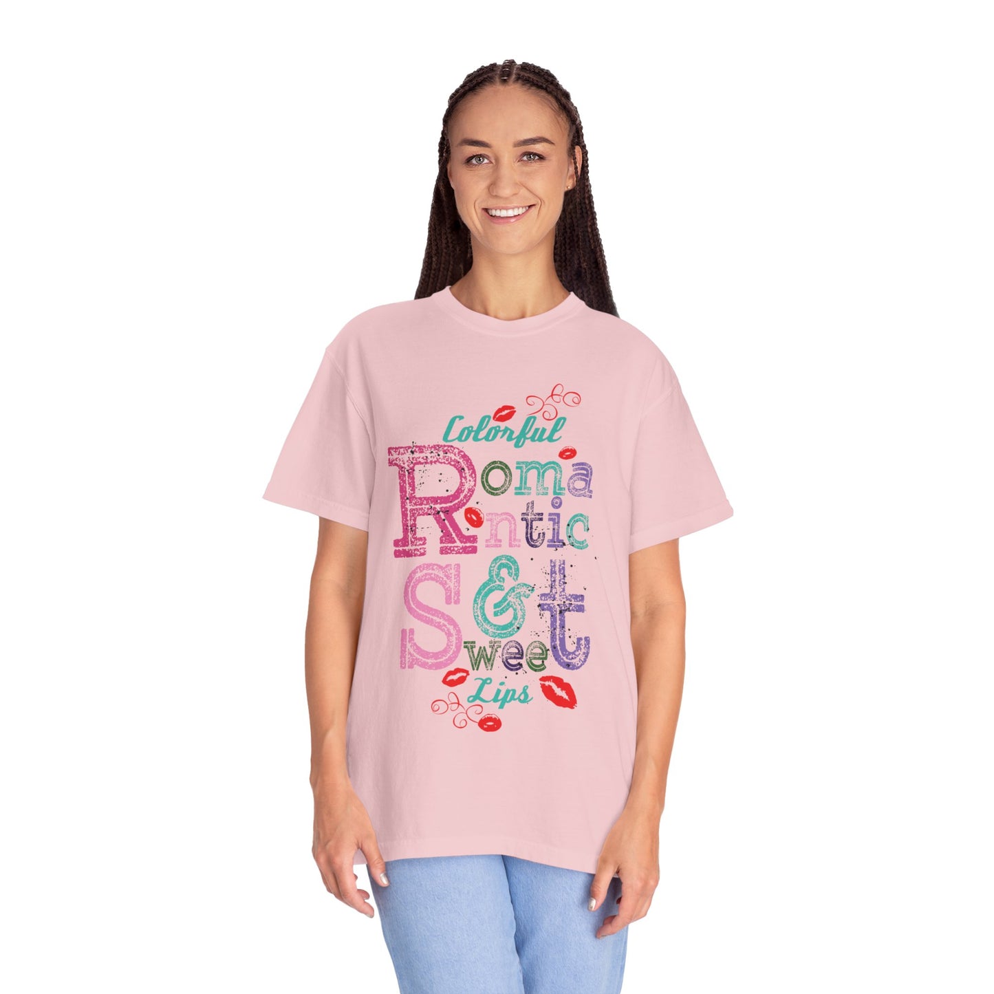 Colorful Romantic & Sweet Lips Affection Lovers Tee Romantic Relationship Forever Strawberry-Tinted Kisses Satin Softness Unisex Heavy Cotton T-Shirt