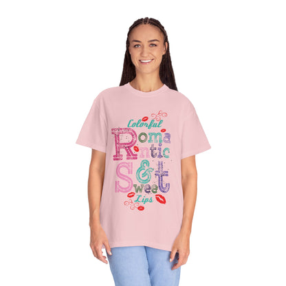 Colorful Romantic & Sweet Lips Affection Lovers Tee Romantic Relationship Forever Strawberry-Tinted Kisses Satin Softness Unisex Heavy Cotton T-Shirt