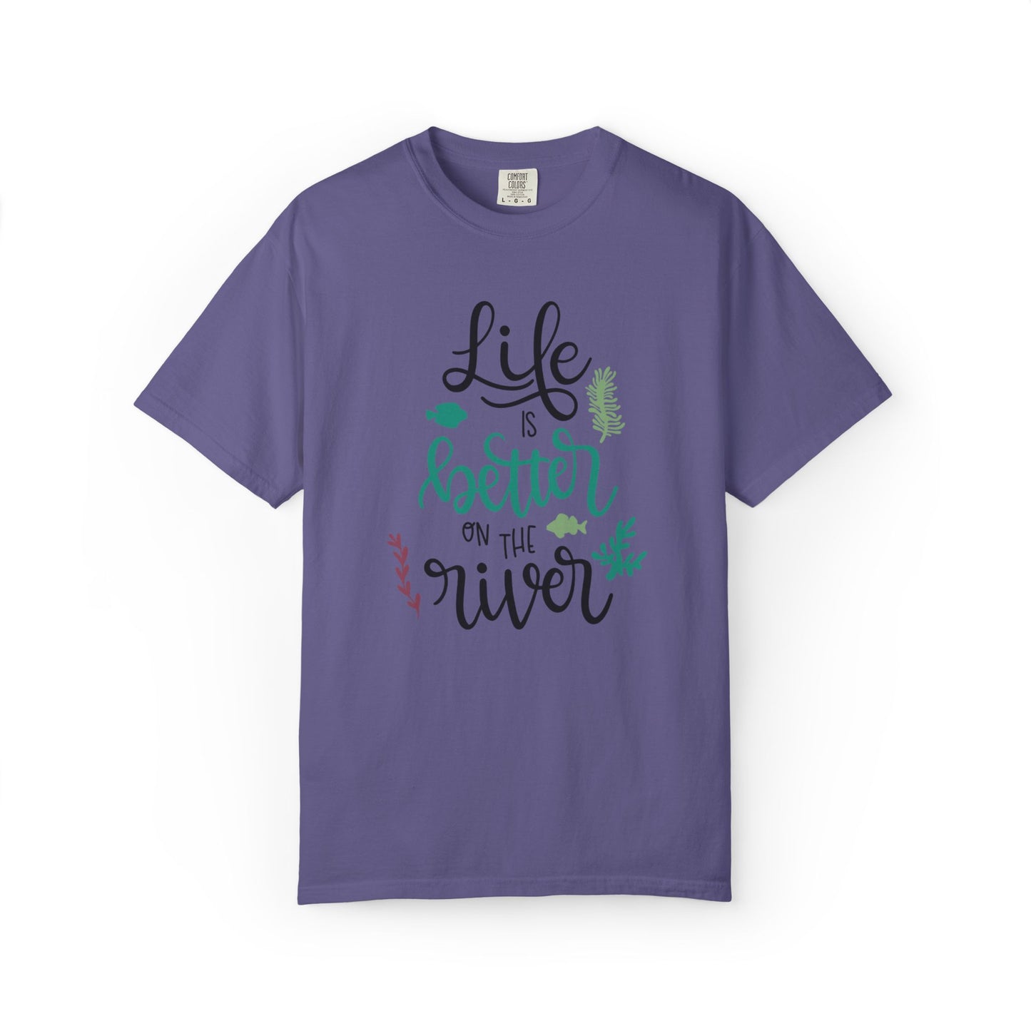 Life Is Better On The River Sand Seashells Waves Tee Elegance Glasses Amazing Fishes Unisex Heavy Cotton T-Shirt