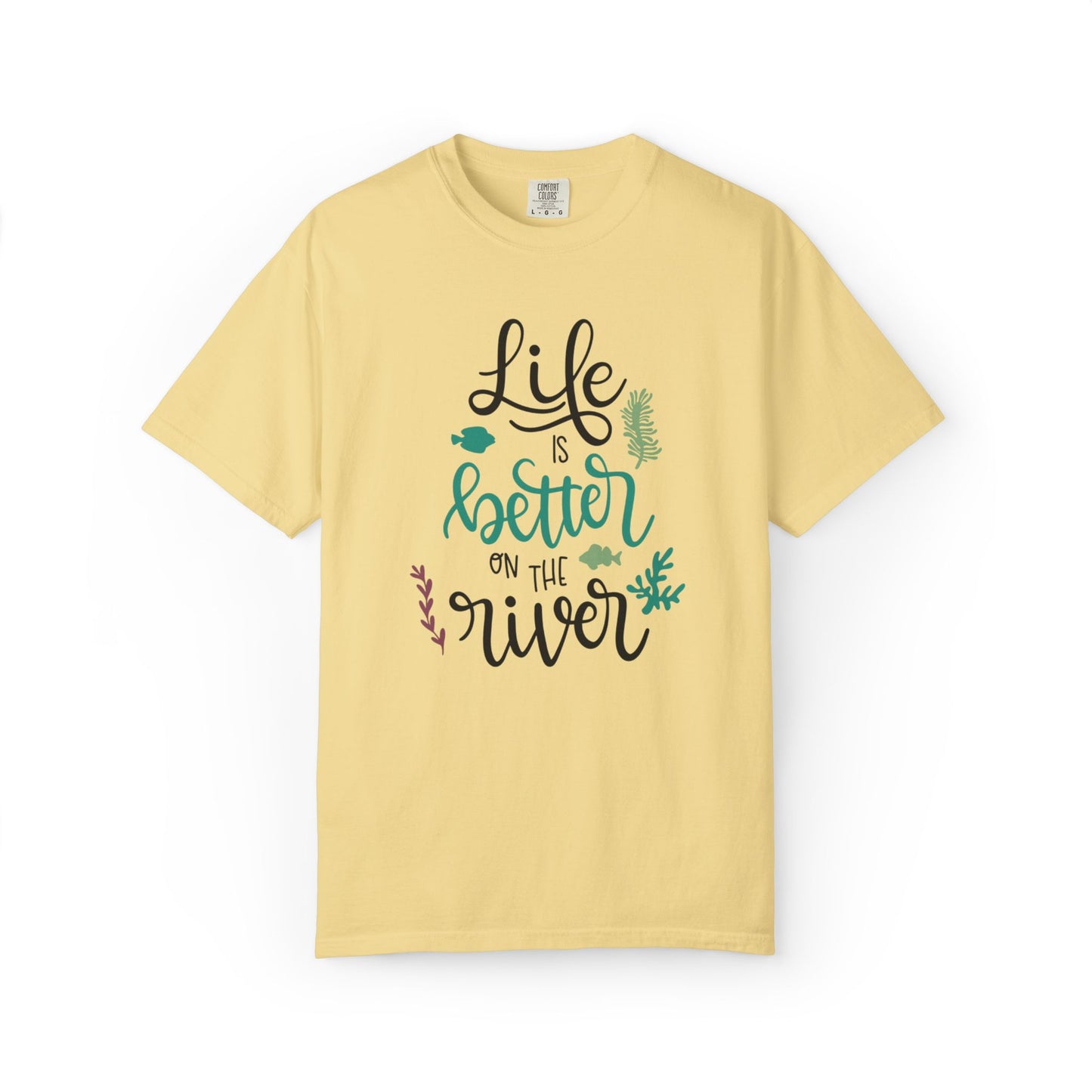 Life Is Better On The River Sand Seashells Waves Tee Elegance Glasses Amazing Fishes Unisex Heavy Cotton T-Shirt