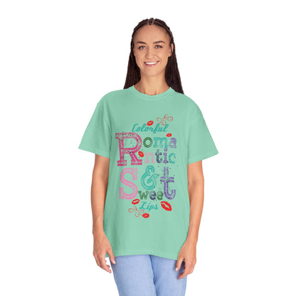 Colorful Romantic & Sweet Lips Affection Lovers Tee Romantic Relationship Forever Strawberry-Tinted Kisses Satin Softness Unisex Heavy Cotton T-Shirt