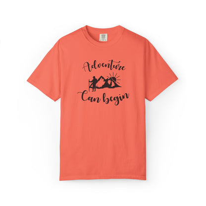 Adventure Can Begin Trendy Tee Enjoyment Mountain Hut Belays Ropes Fun Activities Exploring Unisex Heavy Cotton T-Shirt