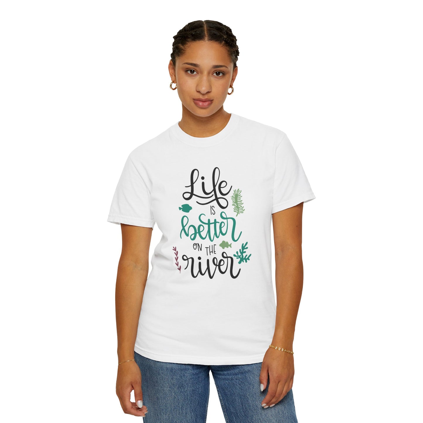 Life Is Better On The River Sand Seashells Waves Tee Elegance Glasses Amazing Fishes Unisex Heavy Cotton T-Shirt