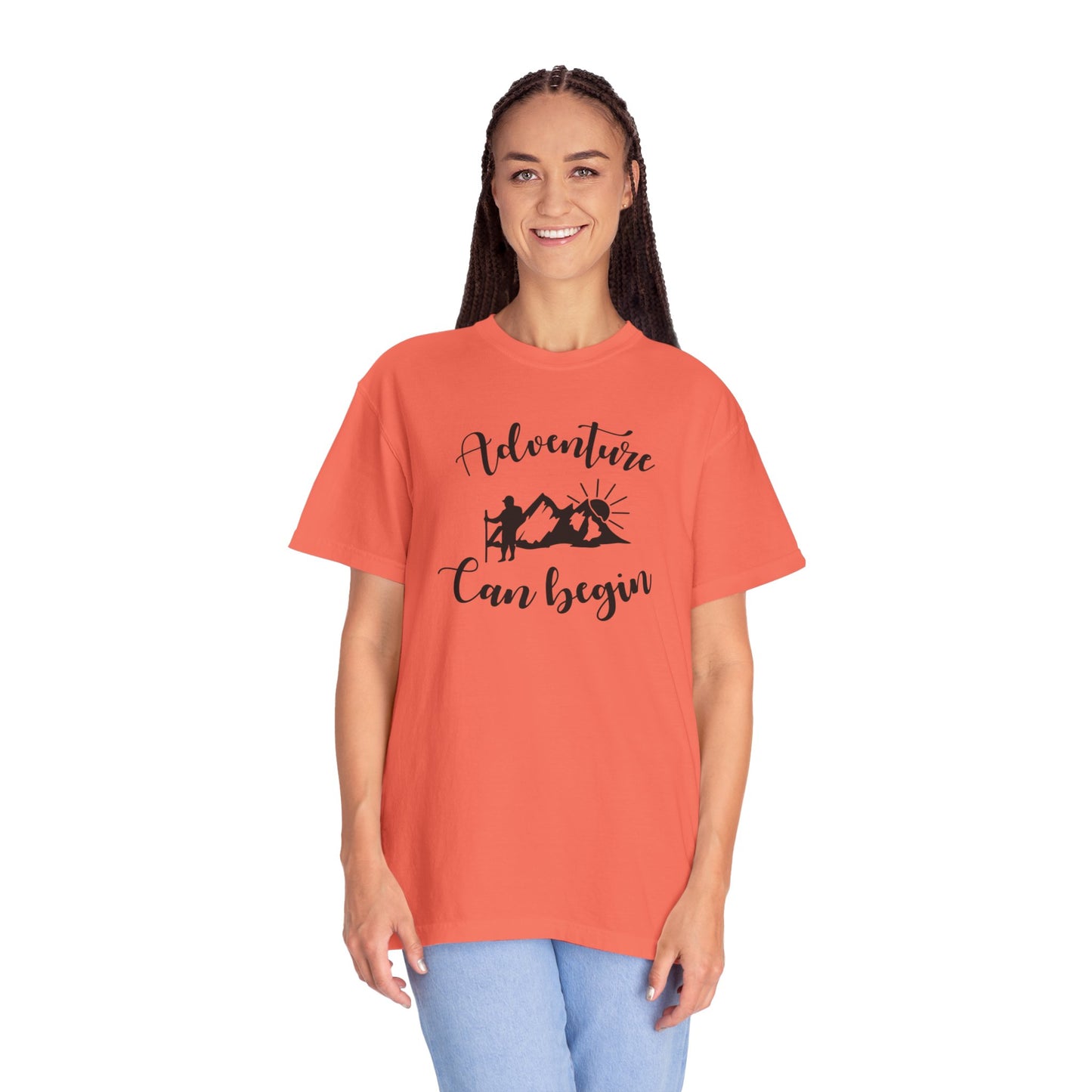 Adventure Can Begin Trendy Tee Enjoyment Mountain Hut Belays Ropes Fun Activities Exploring Unisex Heavy Cotton T-Shirt