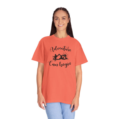 Adventure Can Begin Trendy Tee Enjoyment Mountain Hut Belays Ropes Fun Activities Exploring Unisex Heavy Cotton T-Shirt