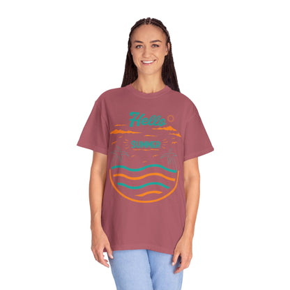 Exciting Hello Summer Sunrise & Sunburn Beach Days Ice Cream Summer Camp Unisex Heavy Cotton T-Shirt