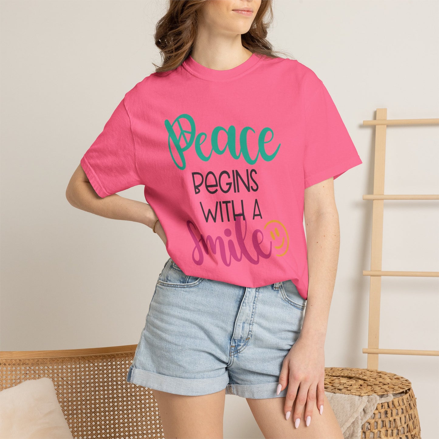Peace Begins With A Smile Kindness Heartfelt Compliments Tee Thoughtful Gestures Love-Inspiration Unisex Heavy Cotton T-Shirt