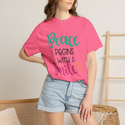 Peace Begins With A Smile Kindness Heartfelt Compliments Tee Thoughtful Gestures Love-Inspiration Unisex Heavy Cotton T-Shirt
