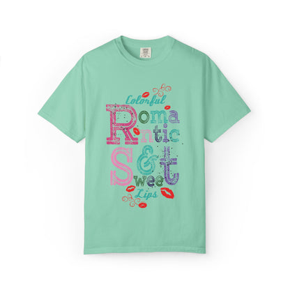 Colorful Romantic & Sweet Lips Affection Lovers Tee Romantic Relationship Forever Strawberry-Tinted Kisses Satin Softness Unisex Heavy Cotton T-Shirt