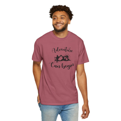 Adventure Can Begin Trendy Tee Enjoyment Mountain Hut Belays Ropes Fun Activities Exploring Unisex Heavy Cotton T-Shirt