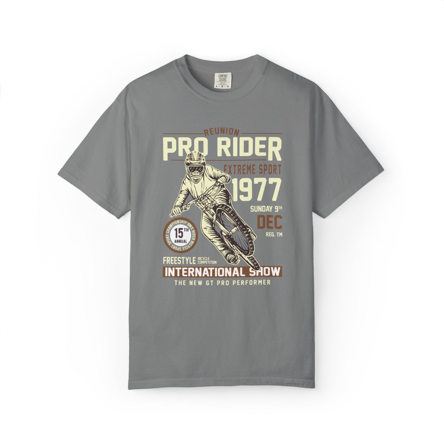 Vintage Reunion Pro Rider Extreme Sport 1977 Free Style Retro Bicycle Two Wheeled Adventure Unisex Heavy Cotton T-Shirt