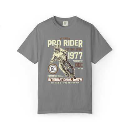 Vintage Reunion Pro Rider Extreme Sport 1977 Free Style Retro Bicycle Two Wheeled Adventure Unisex Heavy Cotton T-Shirt