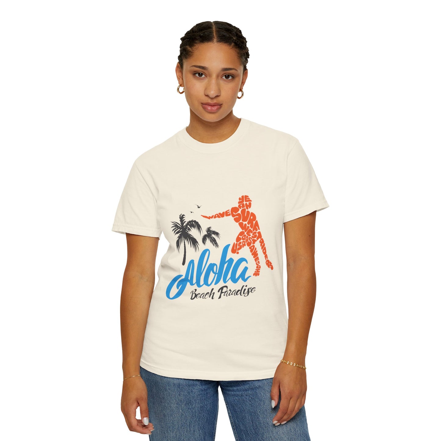 Funny Aloha Beach Paradise White Sand Coconut Tress Beach Party Beach Bar Beach Surfers Unisex Heavy Cotton T-Shirt