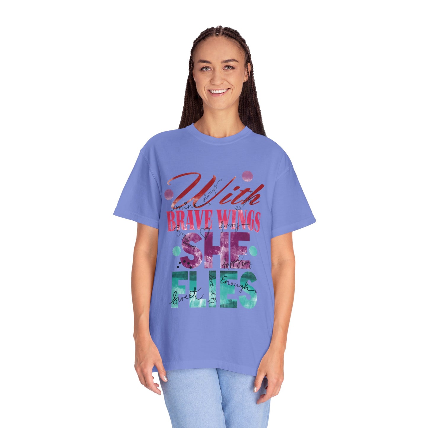 With Brave Wings She Flies Encouragement Self-belief Tee Moral Support Hopefulness Positivity High Achievements Unisex Heavy Cotton T-Shirt
