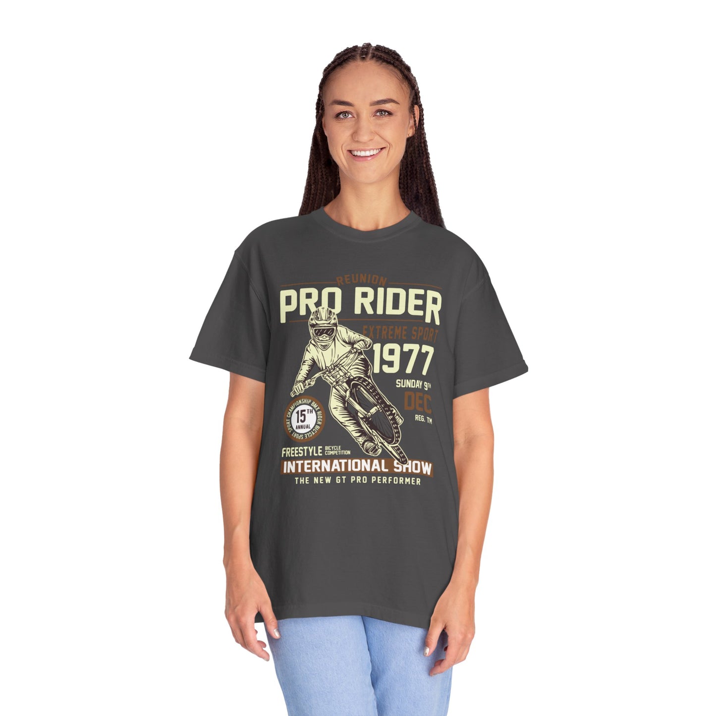 Vintage Reunion Pro Rider Extreme Sport 1977 Free Style Retro Bicycle Two Wheeled Adventure Unisex Heavy Cotton T-Shirt