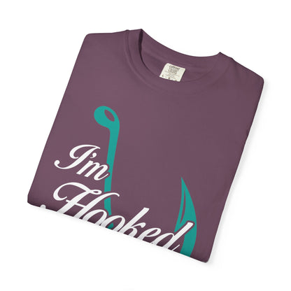 Funny I’m Hooked Rod and Reel Tackle Box Catch Of The Day Sarcastic Fishing Adventure Unisex Heavy Cotton T-Shirt