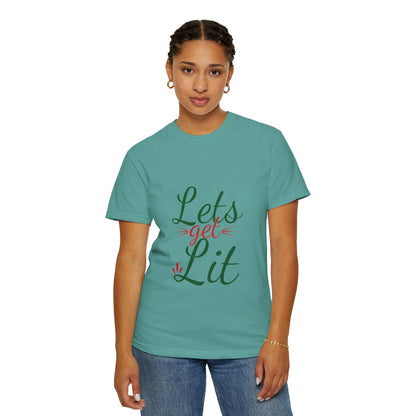 Let’s Get Lit Sparkly Bows Merry Christmas New Year Celebration Festive Season Xmas Tree Fireworks Unisex Heavy Cotton T-Shirt