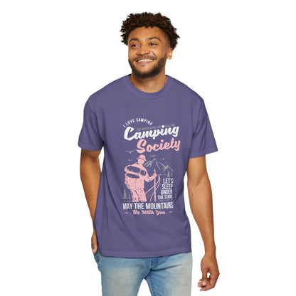 Funny Camping Society I Love Camping Enthusiastic Traveler Sarcastic Adventure Birds In The Mountains Unisex Heavy Cotton T-Shirt