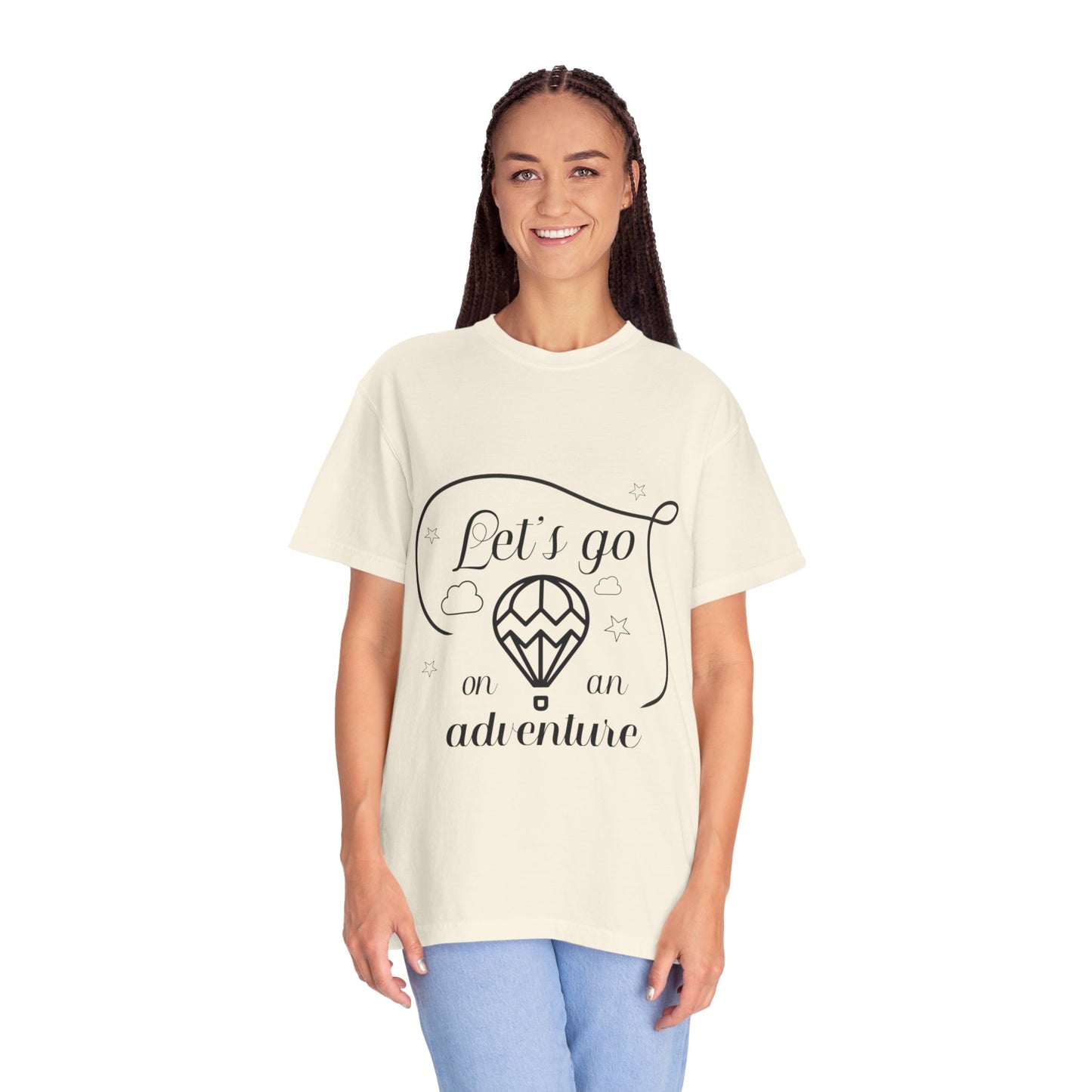 Let’s Go On An Adventure Nature Exploration Bonfire Travel Lovers Tee Freedom Hot Air Balloon Unisex Heavy Cotton T-Shirt