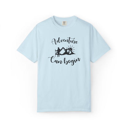 Adventure Can Begin Trendy Tee Enjoyment Mountain Hut Belays Ropes Fun Activities Exploring Unisex Heavy Cotton T-Shirt