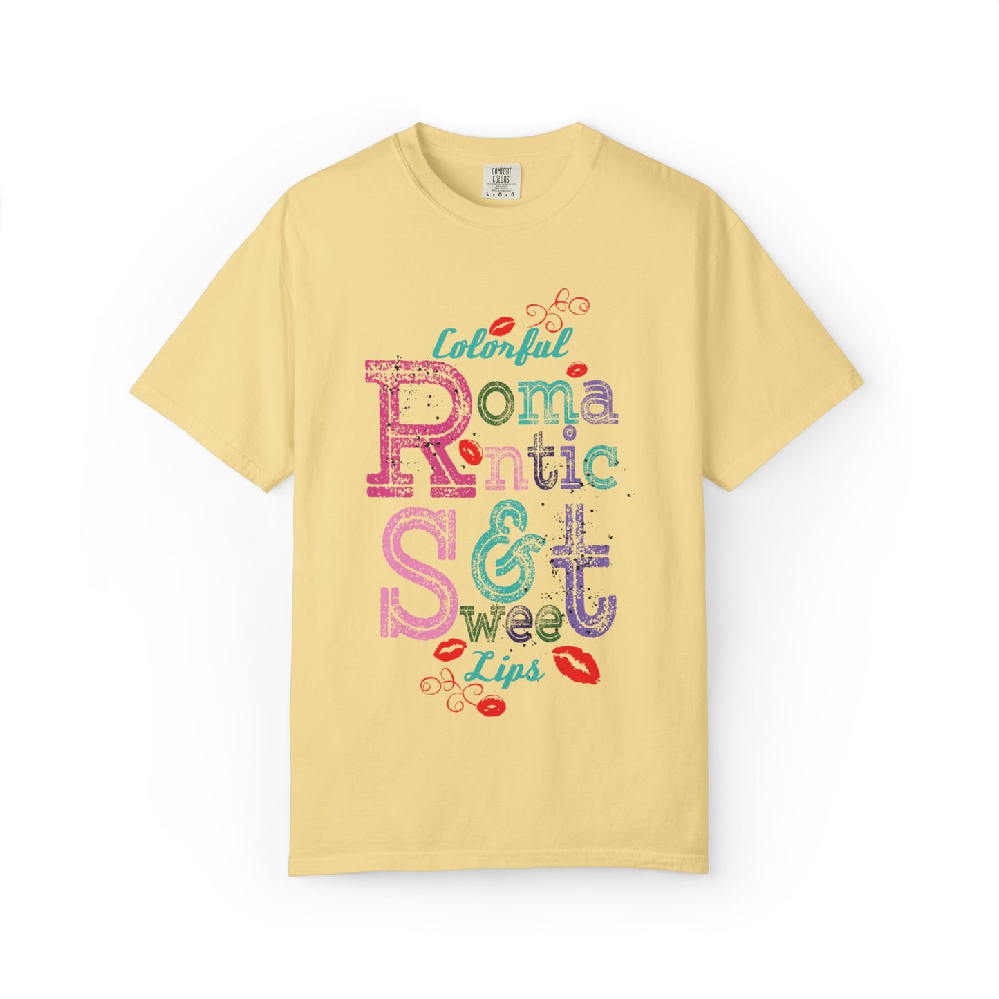 Colorful Romantic & Sweet Lips Affection Lovers Tee Romantic Relationship Forever Strawberry-Tinted Kisses Satin Softness Unisex Heavy Cotton T-Shirt