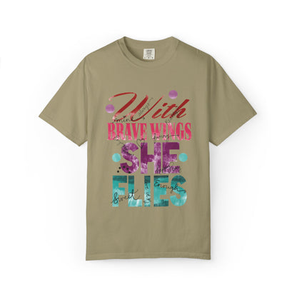 With Brave Wings She Flies Encouragement Self-belief Tee Moral Support Hopefulness Positivity High Achievements Unisex Heavy Cotton T-Shirt