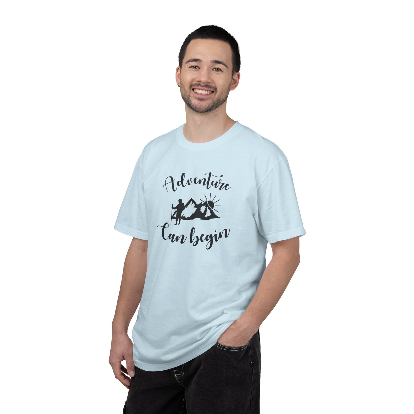 Adventure Can Begin Trendy Tee Enjoyment Mountain Hut Belays Ropes Fun Activities Exploring Unisex Heavy Cotton T-Shirt