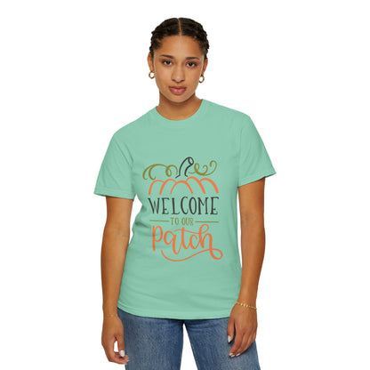 Welcome To Our Patch Harvest Festival Autumn Pumpkins Tee Fall Activities Farm Visit Family Fun Unisex Heavy Cotton T-Shirt