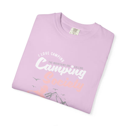 Funny Camping Society I Love Camping Enthusiastic Traveler Sarcastic Adventure Birds In The Mountains Unisex Heavy Cotton T-Shirt